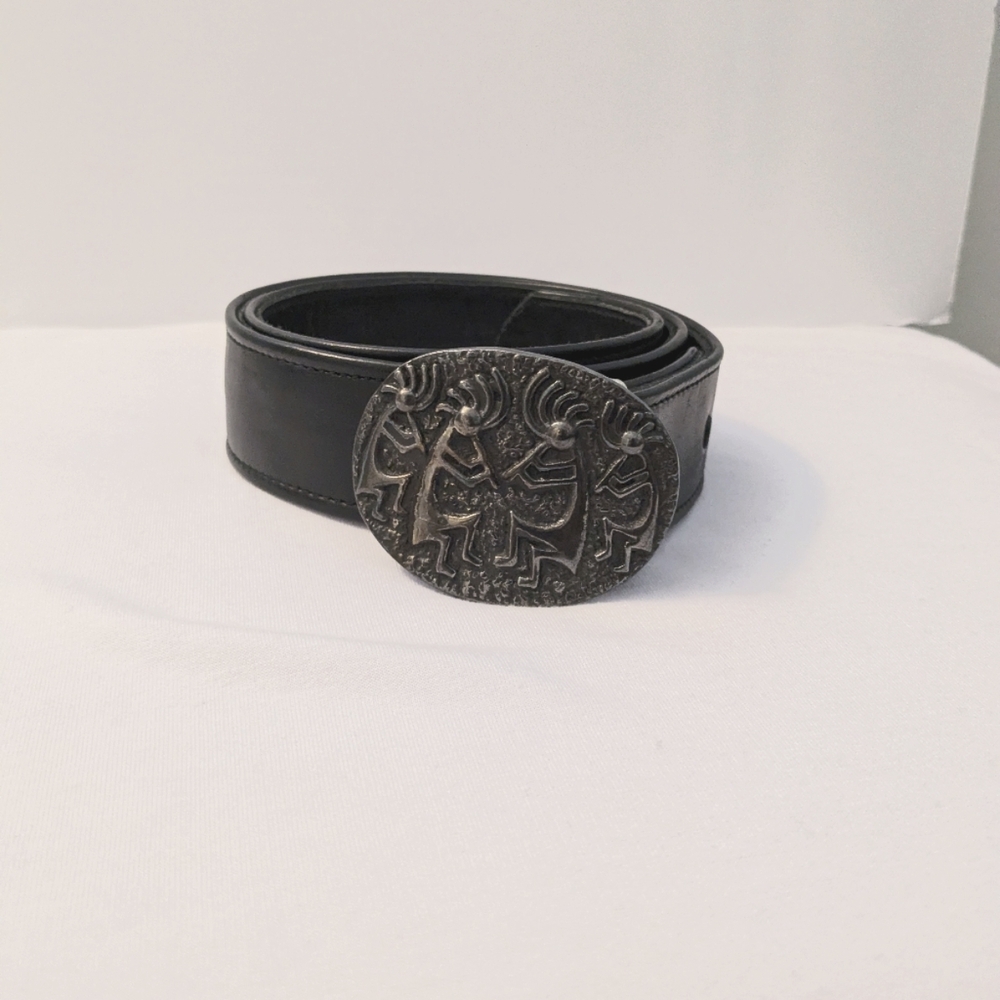 Navajo Women Black Leather Belt with Silver Buckle